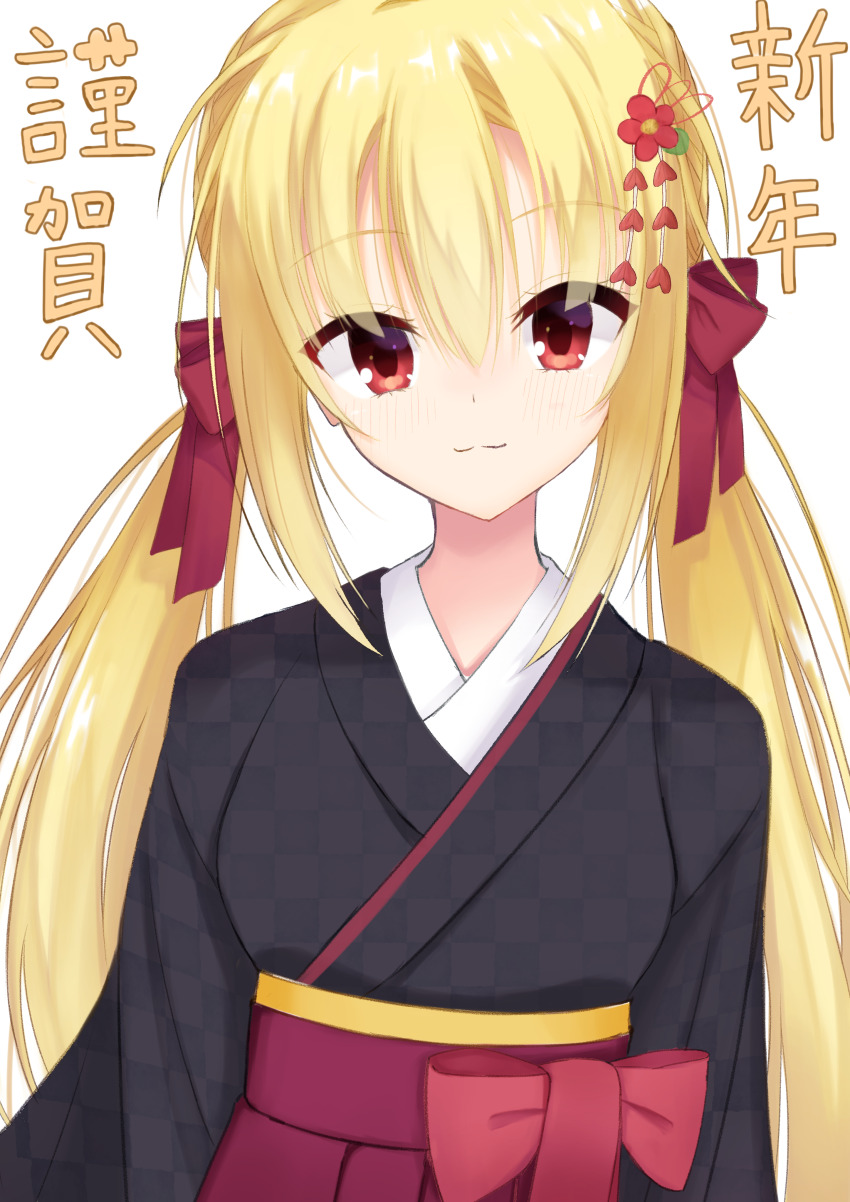 1girl, :3, absurdres, alternate_costume, arihara_nanami, arms_at_sides, black_kimono, blonde_hair