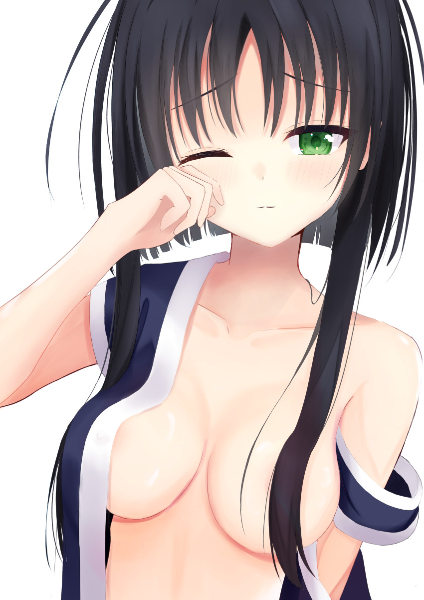 1girl, absurdres, arm_at_side, blue_kimono, blunt_ends, blush, breasts, breasts_apart