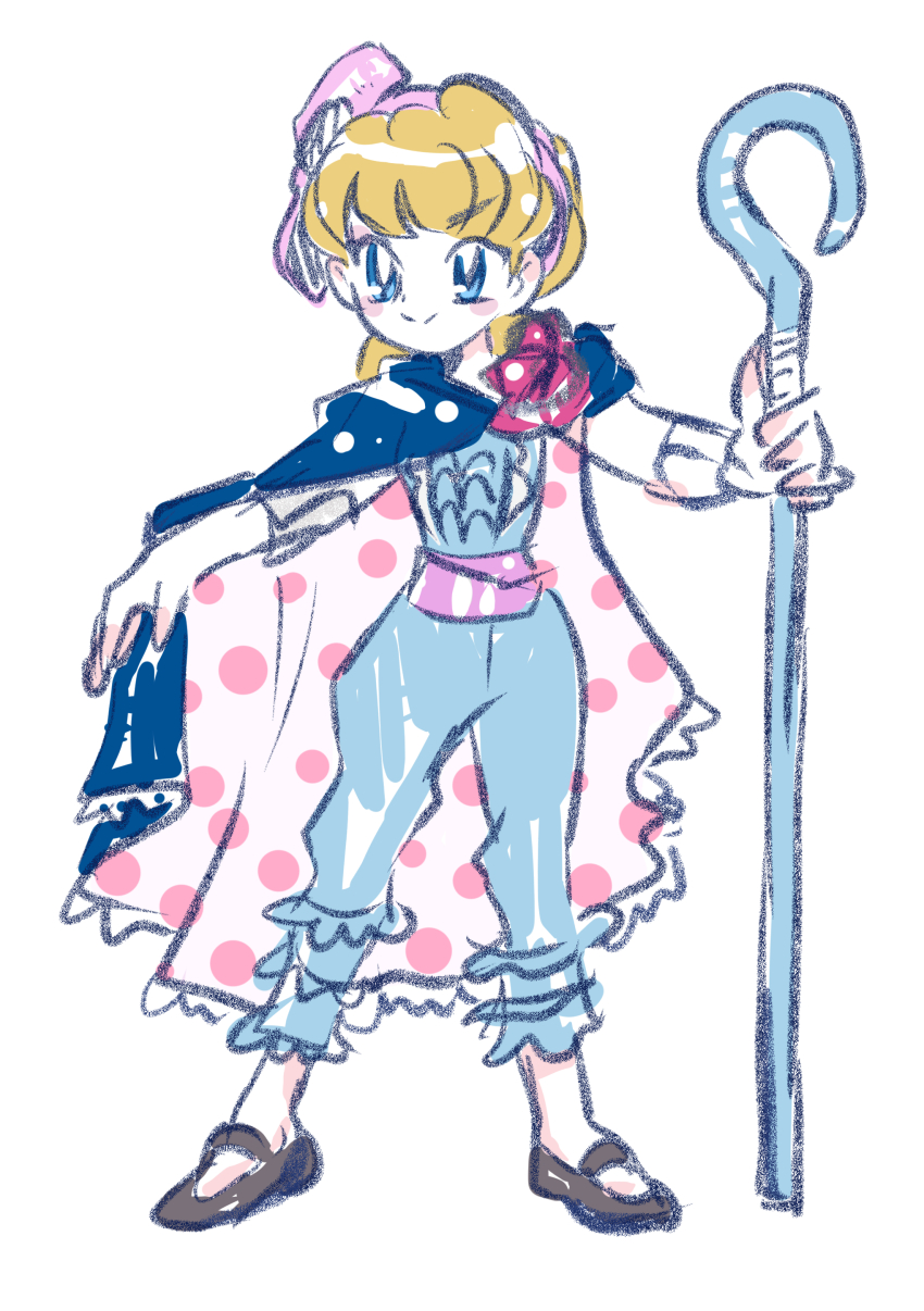 1girl, absurdres, blonde_hair, blue_eyes, bo_peep_(toy_story), cape, full_body, hair_bun