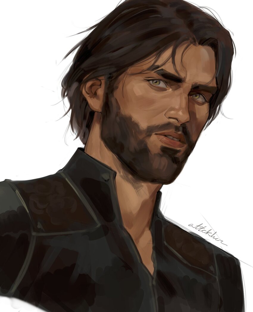 1boy, arcane:_league_of_legends, arcane_survivor_jayce, beard, black_shirt, brown_eyes, brown_hair, collared_shirt