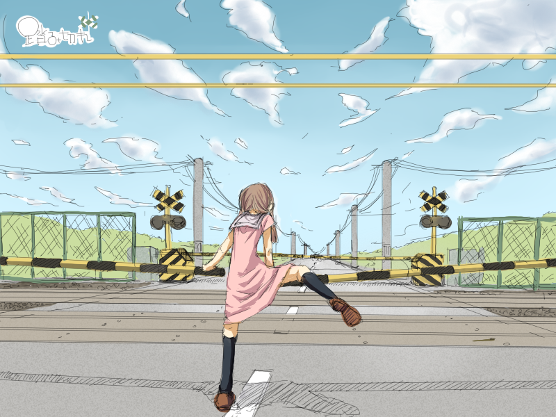 1girl, back, black_socks, blue_sky, blush_stickers, brown_hair, brown_shoes, chain-link_fence, cloud, day, dress, female_focus, fence, from_behind, kneehighs, koyuki.a, original, overhead_line, perspective, pink_dress, power_lines, railroad_crossing, railroad_signal, railroad_tracks, railway, sailor_collar, scenery, shoes, short_sleeves, sketch, skinny, sky, socks, solo, straddling, twintails, utility_pole, vanishing_point