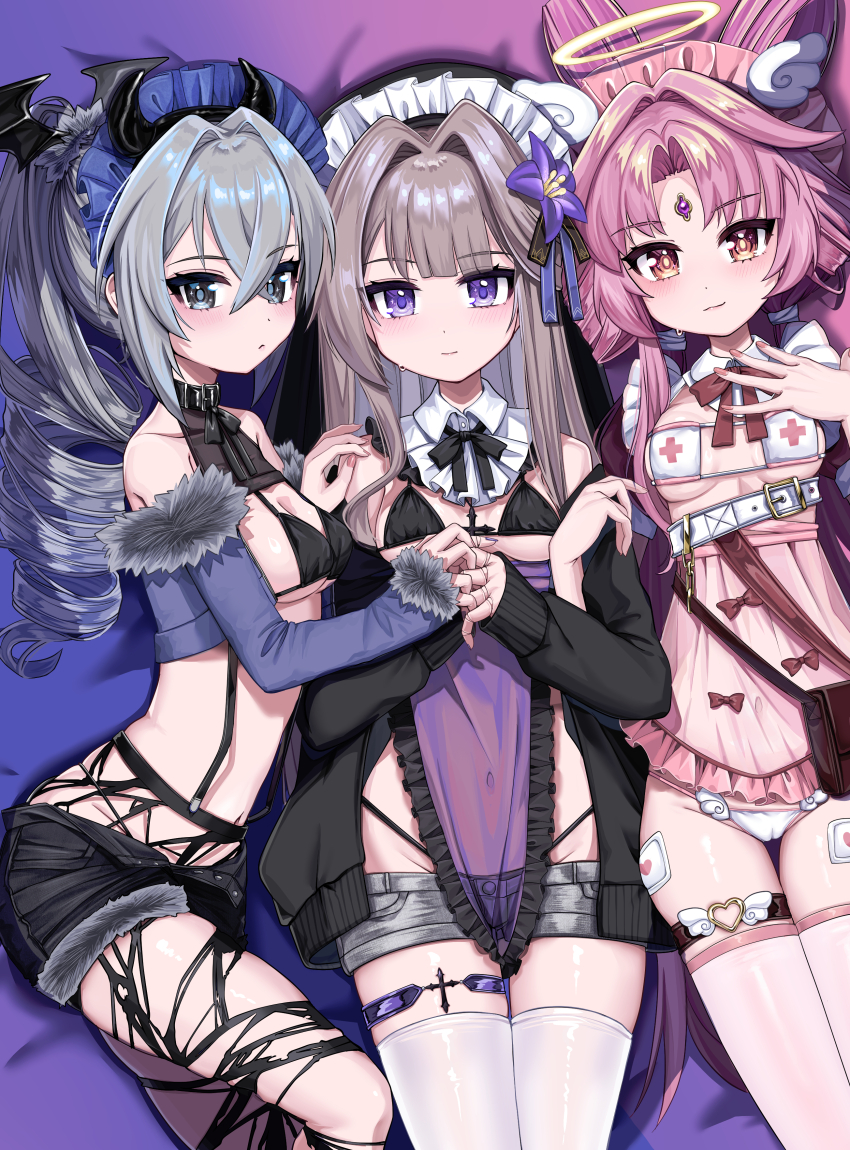 3girls, absurdres, alternate_costume, baba_kirika, bandaid_on_thigh, bare_shoulders, belt_collar, bikini
