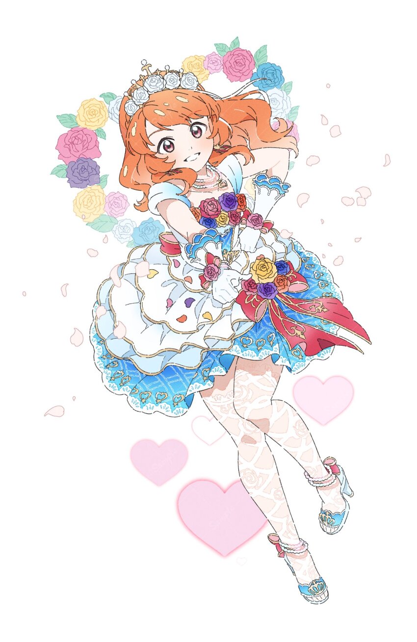 1girl, :d, aikatsu!, aikatsu!_(series), blush, dress, floral_background, flower
