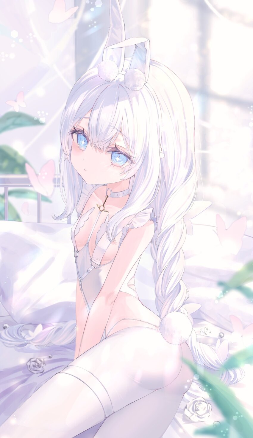 +_+, 1girl, animal_ear_fluff, animal_ears, ass, azur_lane, blue_eyes, blurry, braid, breasts, bug, butterfly, choker, closed_mouth, fake_animal_ears, flower, hair_between_eyes, hairband, highres, indoors, insect, le_malin_(azur_lane), leotard, long_hair, looking_at_viewer, official_alternate_costume, on_bed, pantyhose, pillow, playboy_bunny, rabbit_ears, rabbit_tail, rose, small_breasts, solo, tail, thigh_strap, twin_braids, uniunibone, very_long_hair, white_hair, white_leotard, white_pantyhose