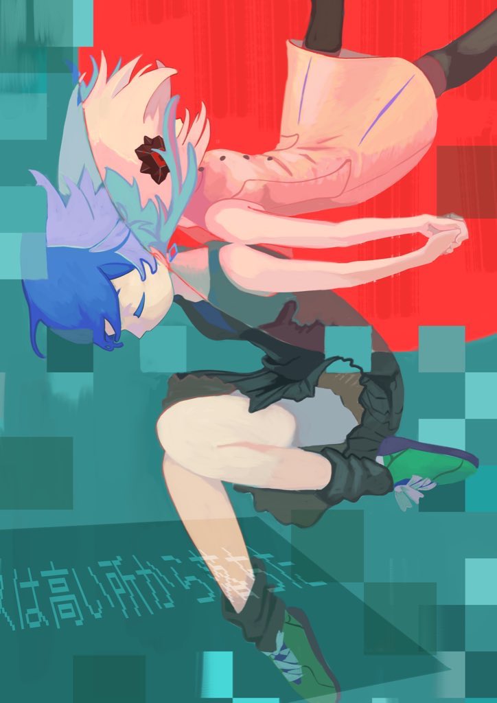 2girls, aruun, back-to-back, black_dress, black_socks, black_thighhighs, blue_background, blue_hair, cevio, closed_eyes, dress, dual_persona, falling, floating_hair, full_body, green_footwear, hair_ornament, hitoribocchi_sangyou_kakumei_(cevio), holding_hands, kamitsubaki_studio, knees_up, leaning_forward, long_hair, lyrics, multiple_girls, pixelated_background, red_background, rim_(kamitsubaki_studio), rime_(cevio), shoes, short_dress, short_hair, sleeveless, sleeveless_dress, sneakers, socks, thighhighs, translation_request, two-tone_background, virtual_youtuber, white_dress, white_hair