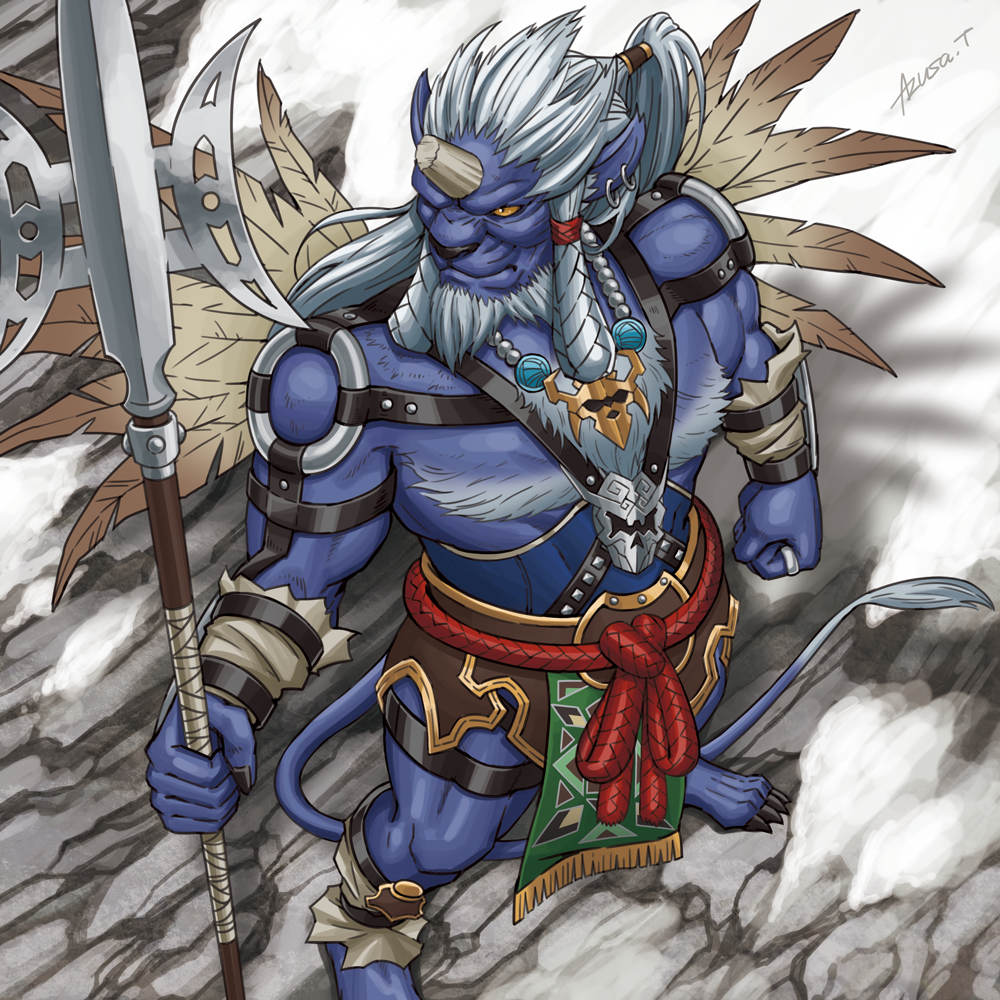 1boy, artist_name, azusa_tanaka, barefoot, beard, blue_fur, braid, broken_horn