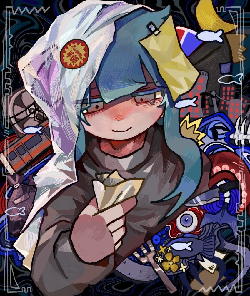 1girl, abstract_background, alternate_costume, alternate_eye_color, bag, bag_on_head, black_background, blue_background, blue_hair, border, building, closed_mouth, collage, crescent_moon, cropped_torso, cynicality_(voiceroid), eyeball, fish, fish_skeleton, flower, fork, furrowed_brow, grey_eyes, grey_sweater, highres, holding, holding_paper, inset_border, knife, kotonoha_aoi, long_hair, long_sleeves, moon, note_on_head, paper, plastic_bag, sad_smile, smile, solo, sweater, tearing_up, tentacles, train, trash_bag, uminosoko44, upper_body, voiceroid, wavy_mouth, white_border, yellow_flower
