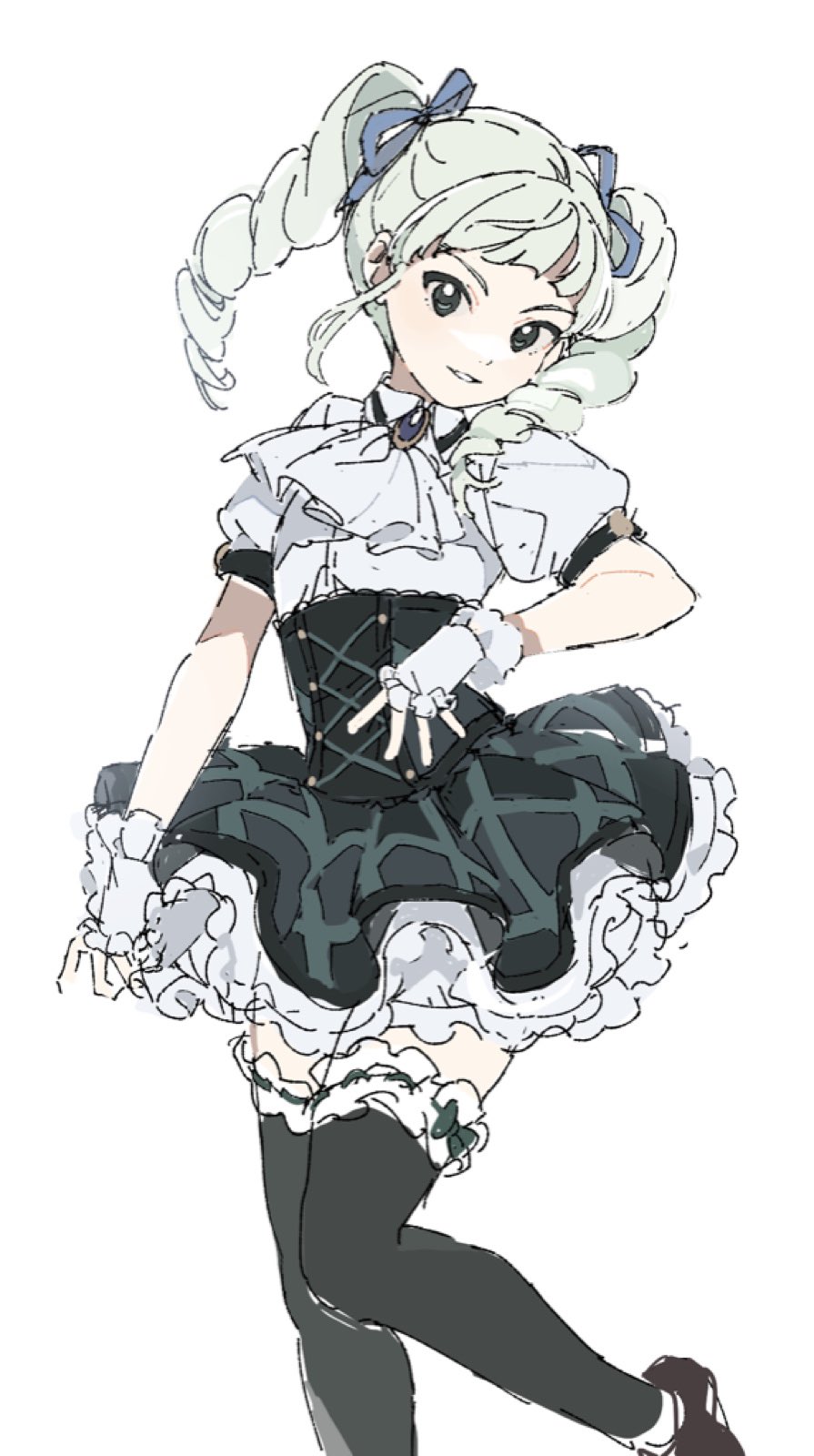 1girl, aikatsu!, aikatsu!_(series), ascot, blue_ribbon, blunt_bangs, commentary, drill_hair