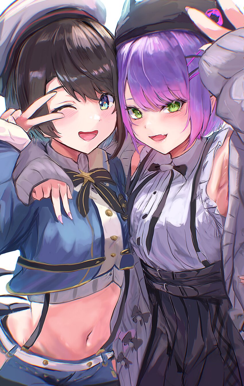 2girls, absurdres, aqua_eyes, arm_around_shoulder, beret, black_hat, black_skirt, blue_shorts, blush, breasts, brown_hair, crop_top, fang, green_eyes, grey_hat, grey_sweater, hair_ornament, hairpin, hat, highres, hololive, kama_boko17, looking_at_viewer, medium_breasts, multiple_girls, navel, official_alternate_costume, oozora_subaru, oozora_subaru_(suspenders), open_mouth, pink_hair, pink_nails, shirt, shorts, shot_hair, skin_fang, skirt, sleeveless, sleeveless_shirt, smile, suspender_skirt, suspenders, sweater, tokoyami_towa, tokoyami_towa_(jirai_kei), v, v_over_eye, virtual_youtuber, x_hair_ornament