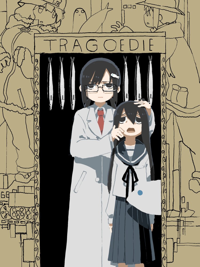 4girls, absurdres, arms_at_sides, black_eyes, black_hair, black_ribbon, blue_sailor_collar, blue_skirt