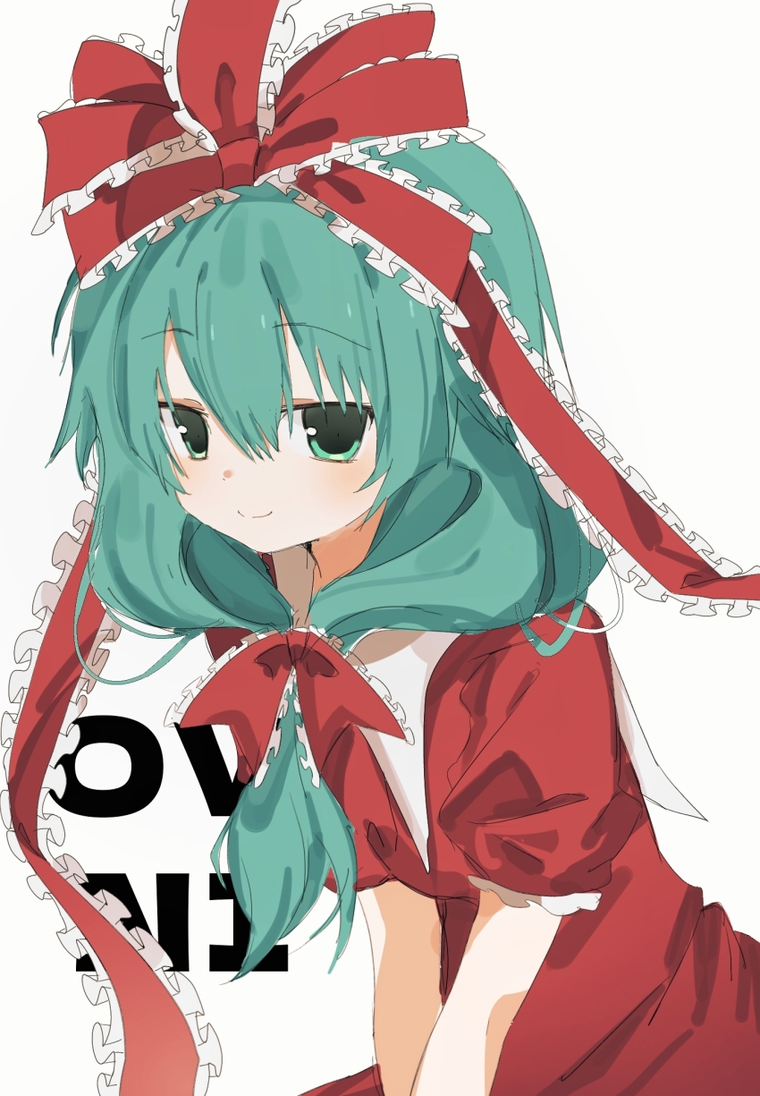 1girl, bow, dress, front_ponytail, green_eyes, highres, kagiyama_hina, looking_at_viewer, lvni_jiangmian, puffy_short_sleeves, puffy_sleeves, red_bow, red_dress, red_ribbon, ribbon, short_sleeves, smile, solo, touhou