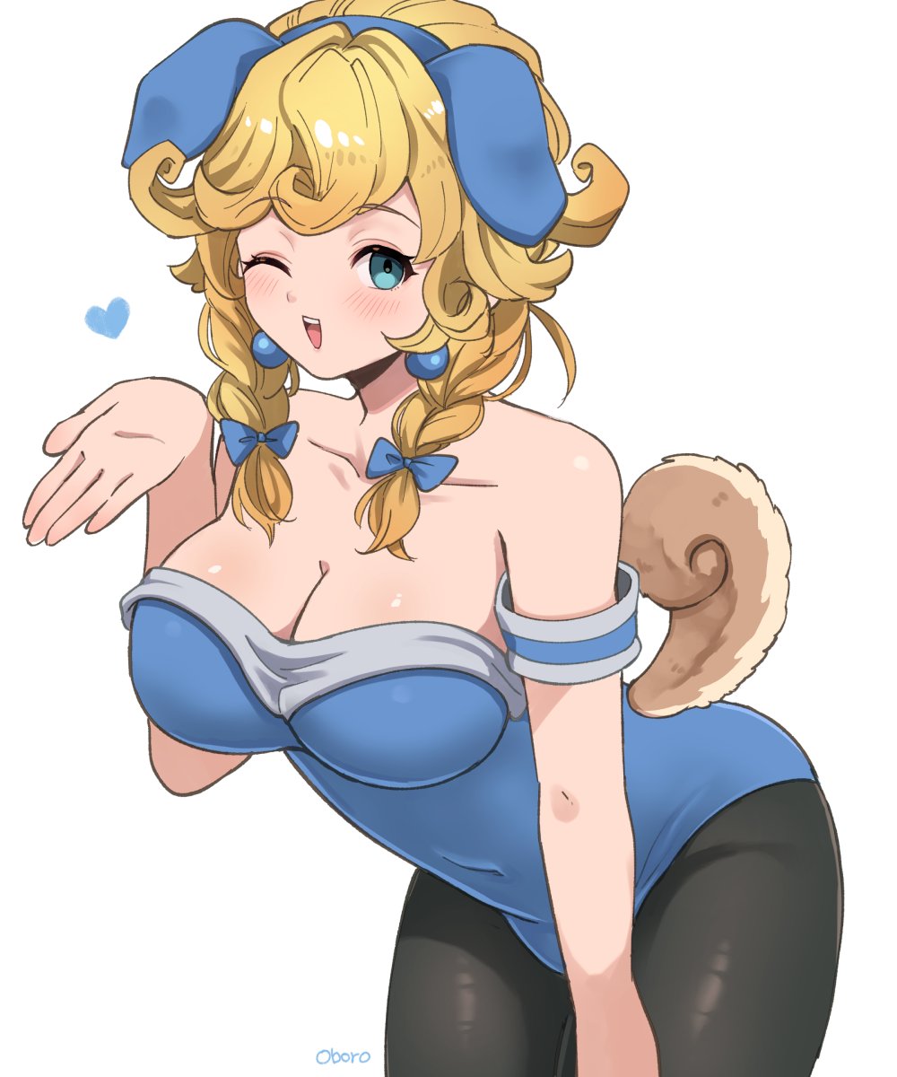 1girl, animal_ear_hairband, animal_ears, bent_over, black_pantyhose, blonde_hair, blowing_kiss, blue_bow