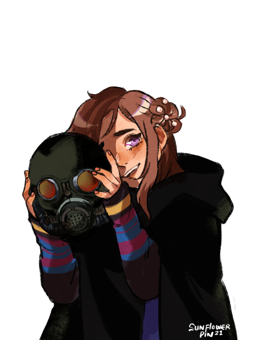 1girl, artist_name, black_cloak, brown_hair, cloak, dated, gas_mask, highres, holding, holding_mask, kyokugen_dasshutsu, kyokugen_dasshutsu:_9_jikan_9_nin_9_no_tobira, marigoldflowerdays, mask, kurashiki_akane, open_mouth, purple_eyes, simple_background, smile, solo, spoilers, teeth, upper_teeth_only, white_background, zero_(kyokugen_dasshutsu)