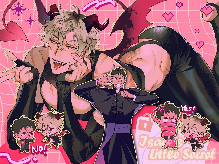 2boys, alien_stage, alternate_costume, anger_vein, bible_(object), black_pants, blank_eyes, blonde_hair, book, brown_eyes, brown_hair, cassock, chibi, clerical_collar, commentary, cross, demon_boy, demon_horns, demon_tail, demon_wings, dewey_(alien_stage), english_text, fangs, geru_(shigeru13_pm), heart, highres, holding, holding_book, holding_cross, horns, isaac_(alien_stage), multicolored_hair, multiple_boys, pants, pink_background, pink_tail, pixel_heart, priest, red_horns, roots_(hair), scar, scar_on_face, short_hair, stirrup_legwear, untranslatable_commentary, tail, tentacles, toeless_legwear, tongue, very_short_hair, wings, yaoi