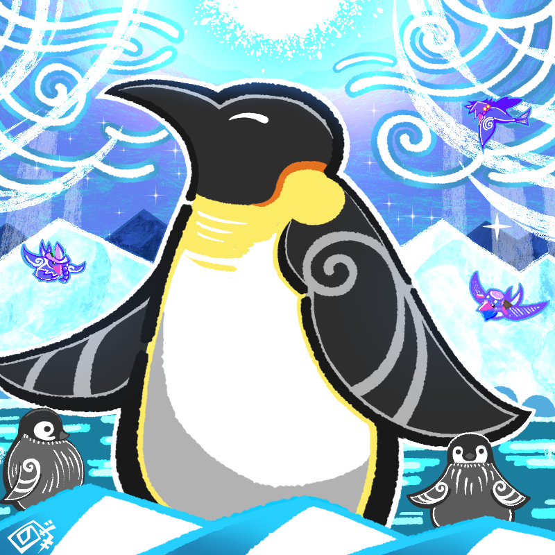 animal_focus, bird, closed_eyes, duel_monster, emperor_penguin, floowandereeze_&amp;_empen, floowandereeze_&amp;_snowl, flying, mountain, night, no_humans, nozaki_(user_eujy3775), penguin, wind, winter, yu-gi-oh!