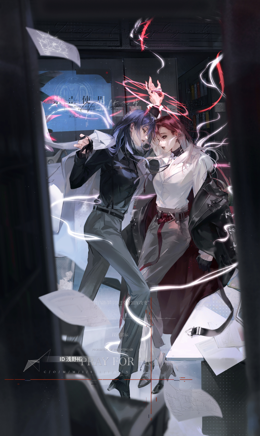 2girls, absurdres, belt, black_belt, black_coat, black_footwear, black_gloves, black_hair