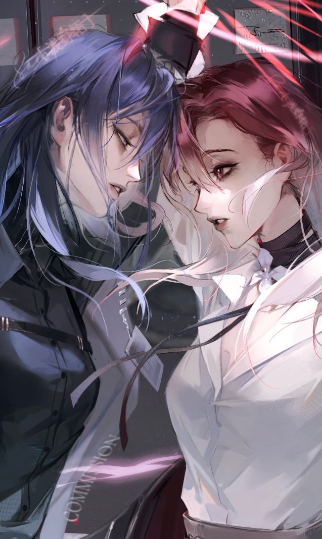 2girls, black_hair, black_shirt, chief_(path_to_nowhere), chinese_commentary, commentary, commission, cropped