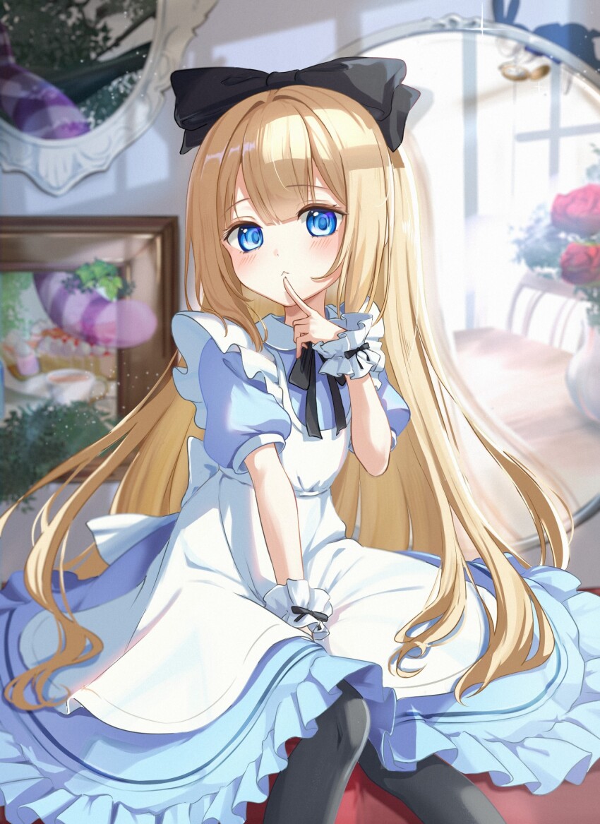 1girl, :<, alice_(alice_in_wonderland), apron, back_bow, between_legs, black_bow, black_bowtie
