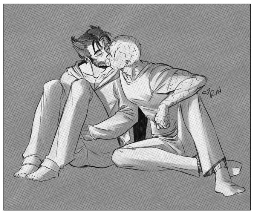 2boys, animification, bald, closed_eyes, commentary, corin_m_howell, deadpool, deadpool_(series)