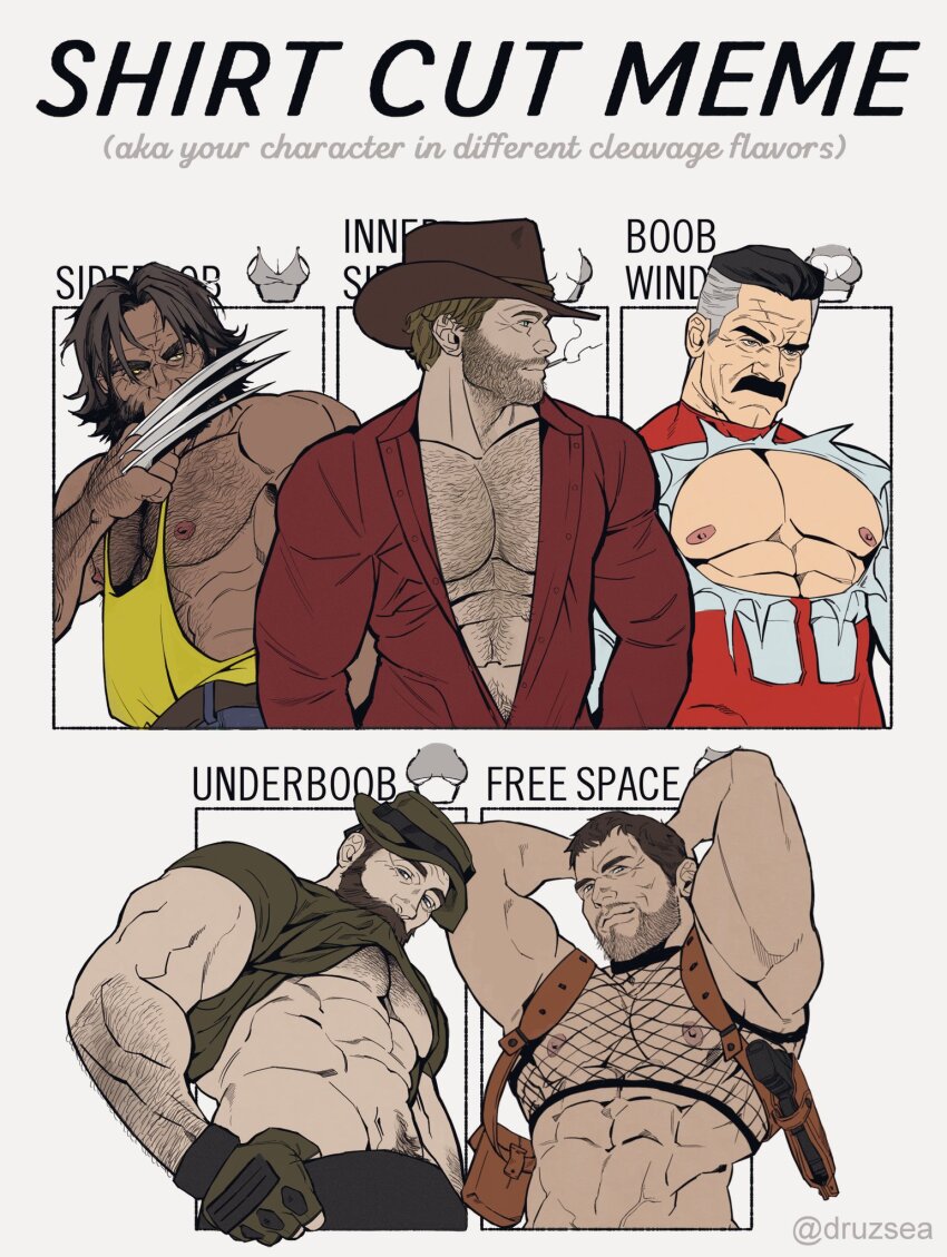 5boys, abs, arm_hair, arms_up, arthur_morgan, bara, bare_pectorals, beard