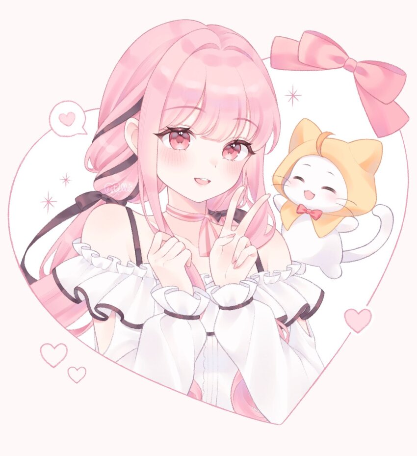 1girl, ^_^, animal, arm_cutout, artist_name, black_bow, black_ribbon, blunt_bangs