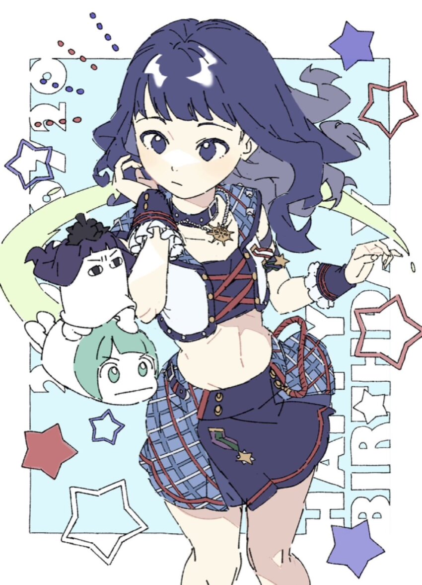 1girl, aikatsu!_(series), blue_background, blue_eyes, blue_hair, blue_skirt, border, chibi