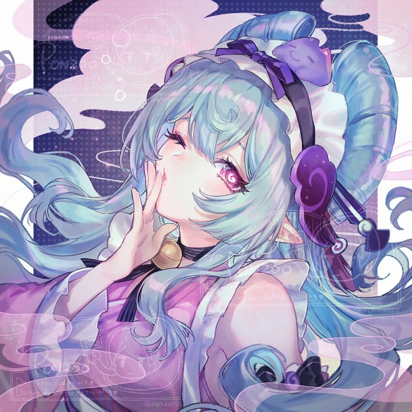 1girl, @_@, armpit_crease, bell, black_choker, blue_hair, bright_pupils, choker