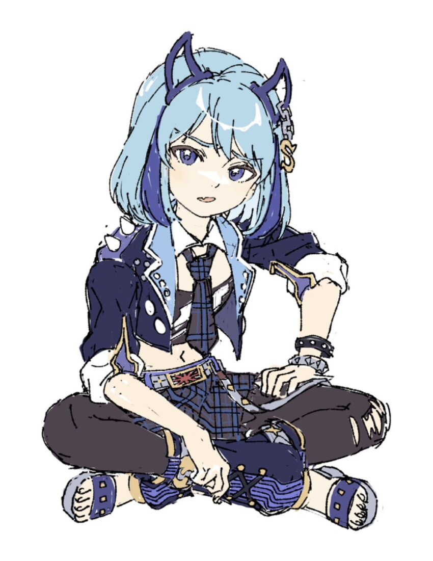 1girl, aikatsu!_(series), black_pantyhose, blue_eyes, blue_hair, blue_jacket, bracelet, crop_top, crossed_ankles, demon_horns, full_body, ginjiro_(ginjiroxx), hand_on_own_leg, highres, horns, idol_clothes, indian_style, jacket, jewelry, looking_at_viewer, midriff, multicolored_hair, navel, necktie, open_mouth, pantyhose, plaid_clothes, plaid_necktie, player_character_(aikatsu), sandals, short_hair, simple_background, sitting, solo, streaked_hair, torn_clothes, torn_pantyhose, white_background