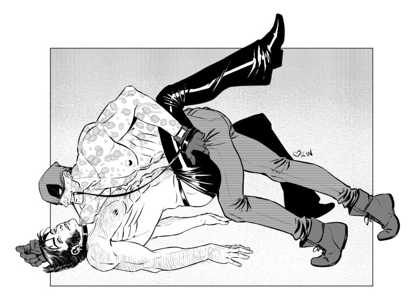 2boys, abs, arm_hair, ass, boots, chest_hair, collar, commentary, corin_m_howell, couple, deadpool, deadpool_(series), denim, ear_piercing, english_commentary, facial_hair, gloves, hairy, highres, jeans, leash, leash_pull, leather, leather_pants, male_focus, marvel, mask, mask_lift, mouth_hold, multiple_boys, muscular, muscular_male, nipple_piercing, nipples, pants, pectorals, piercing, scar, scars_all_over, short_hair, teeth, thigh_grab, too_many, topless_female, topless_male, wolverine_(x-men), x-men, yaoi