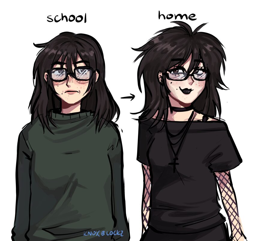 1girl, absurdres, black-framed_eyewear, black_choker, black_hair, black_lips, black_shirt, brown_eyes, choker, class_of_09, cross, cross_necklace, fishnet_gloves, fishnets, gloves, green_sweater, highres, jewelry, karen_(class_of_09), knoxblockz, looking_at_viewer, medium_hair, messy_hair, mole, mole_under_eye, necklace, semi-rimless_eyewear, shirt, simple_background, sweater, watermark, white_background