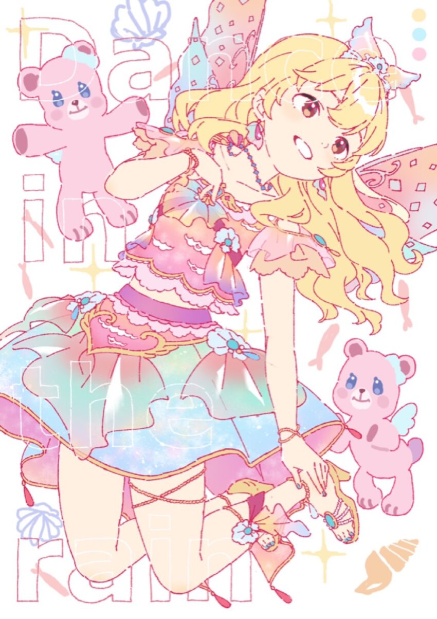 1girl, :d, aikatsu!, aikatsu!_(series), blonde_hair, blue_skirt, bow, bracelet, commentary_request, cropped_shirt, full_body, ginjiro_(ginjiroxx), hair_bow, hand_up, hands_on_own_chest, high_heel_sandals, high_heels, highres, hoshimiya_ichigo, jewelry, long_hair, looking_to_the_side, nail_polish, necklace, open_mouth, pink_shirt, pink_wings, red_eyes, sandals, shirt, skirt, smile, solo, song_name, stuffed_animal, stuffed_toy, teddy_bear, wings