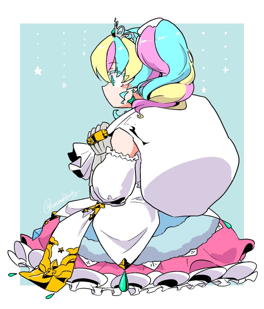 1girl, aqua_eyes, aqua_hair, bag, blonde_hair, dress, etrian_odyssey, gauntlets