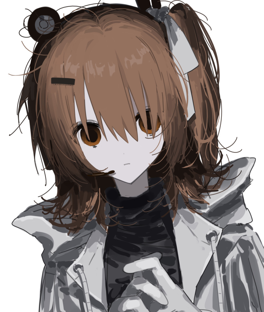 1girl, a.i._voice, adachi_rei, black_shirt, closed_mouth, commentary_request, dutch_angle, empty_eyes, expressionless, gloves, hair_ornament, hair_ribbon, hairclip, headlamp, headset, highres, hood, hood_down, hooded_jacket, isshou_(1162713906), jacket, long_sleeves, looking_at_viewer, medium_hair, messy_hair, one_side_up, open_clothes, open_jacket, orange_eyes, orange_hair, own_hands_together, ribbon, shirt, simple_background, solo, staring, upper_body, utau, white_background, white_gloves, white_jacket, white_ribbon