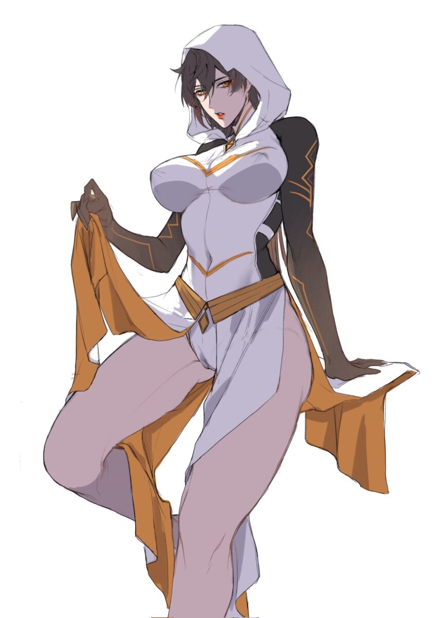 1girl, genderswap, genderswap_(mtf), genshin_impact, highres, official_alternate_costume, rex_lapis_(genshin_impact), solo, solo_focus, thighs, twitter, white_background, zhaobxzf, zhongli_(archon)_(genshin_impact), zhongli_(genshin_impact)