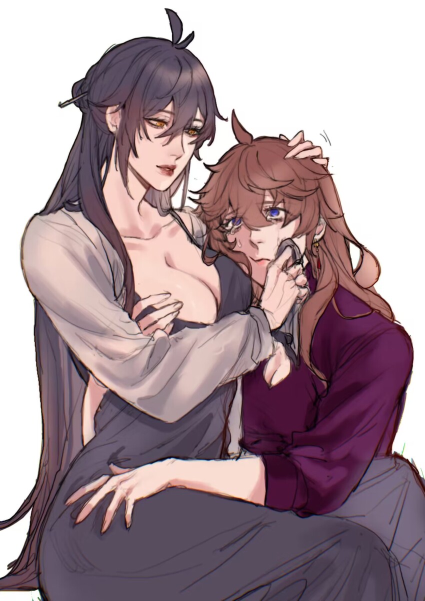 2girls, alternate_costume, alternate_hairstyle, black_dress, breasts, cleavage, crying, crying_with_eyes_open, dress, genderswap, genderswap_(mtf), genshin_impact, highres, long_hair, multiple_girls, tartaglia_(genshin_impact), tears, twitter, white_background, wiping_face, wiping_tears, yuri, zhaobxzf, zhongli_(genshin_impact)