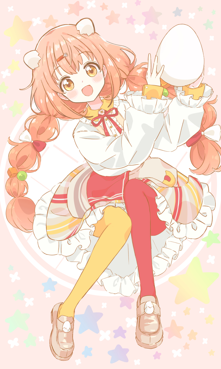 1girl, absurdres, arms_up, bow, braid, commentary_request, egg, egg_hair_ornament