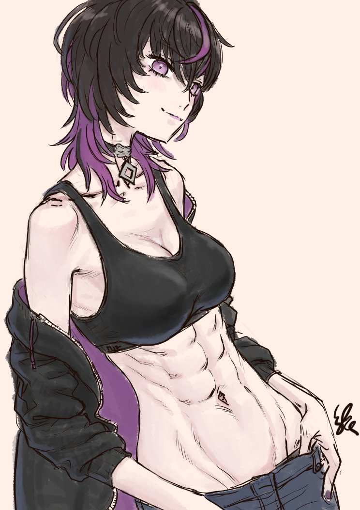 1girl, abs, arms_at_sides, black_hair, black_sports_bra, breasts, choker, cleavage