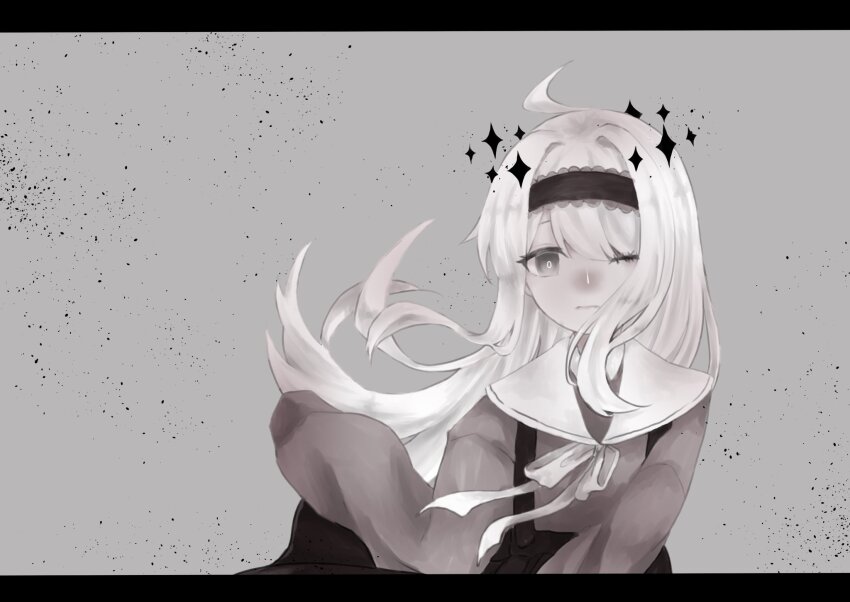 1girl, ahoge, black_hairband, black_skirt, closed_mouth, empty_sleeve, floating_hair, grey_background