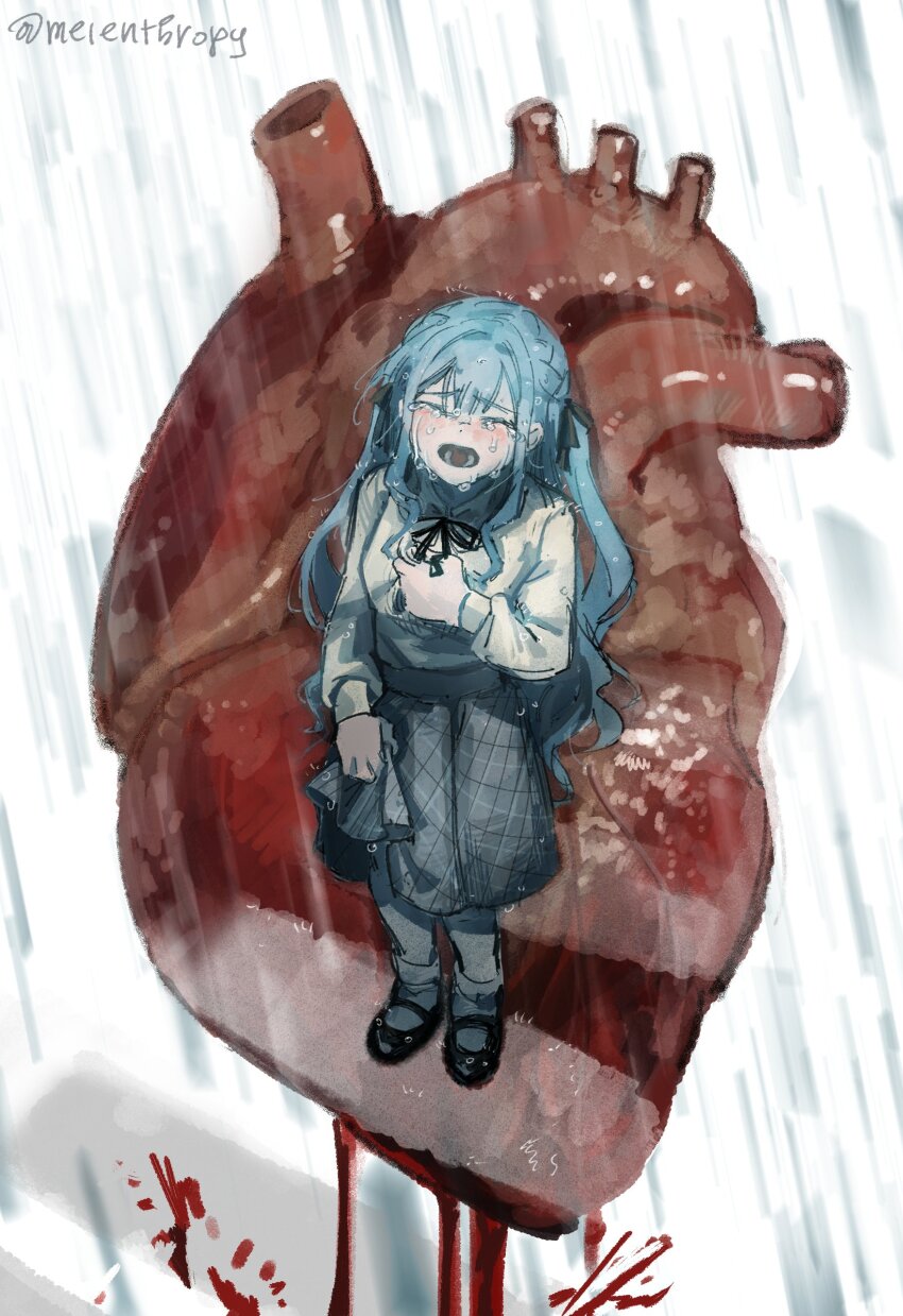 1girl, absurdres, bang_dream!, bang_dream!_it's_mygo!!!!!, black_ribbon, blue_hair, blush, braid