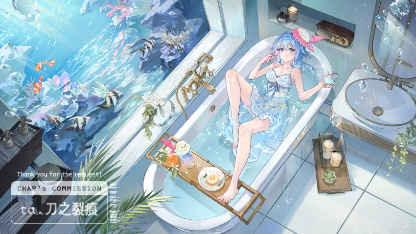 1girl, absurdres, barefoot, bathing, bathroom, bathtub, bathtub_tray, blowing_bubbles