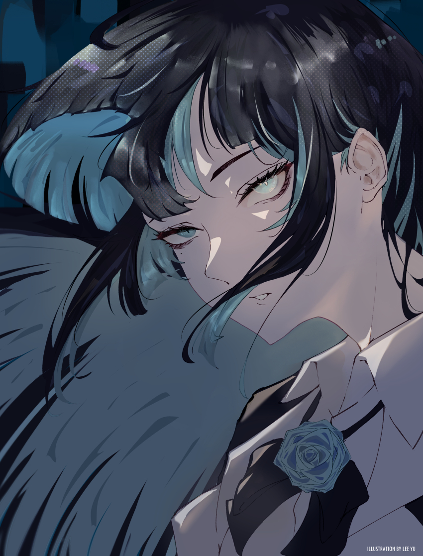 1girl, absurdres, ado_(utaite), artist_name, black_hair, blue_eyes, blue_flower, blue_hair