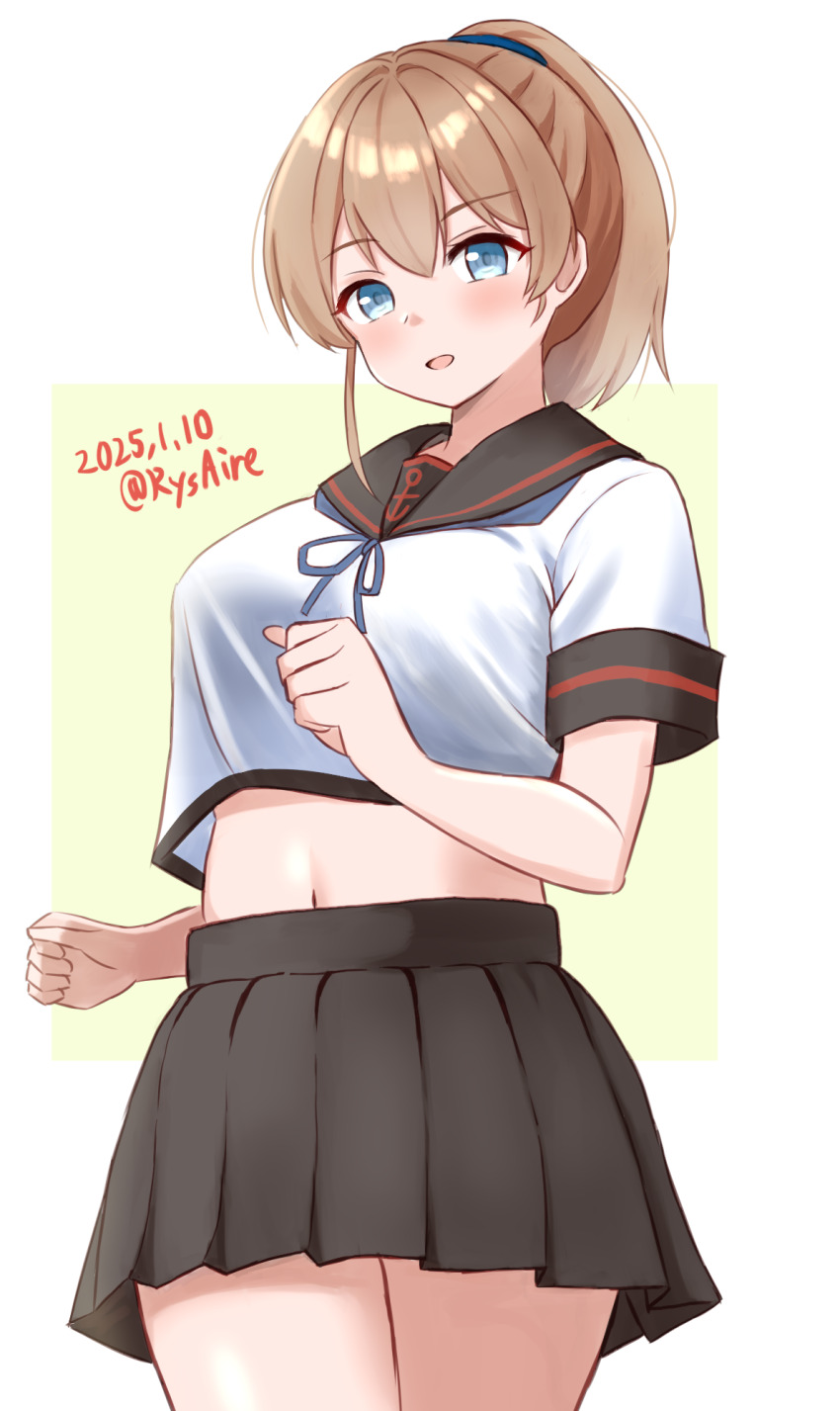 1girl, ame-san, black_sailor_collar, black_skirt, blue_eyes, blue_neckerchief, breasts, brown_hair