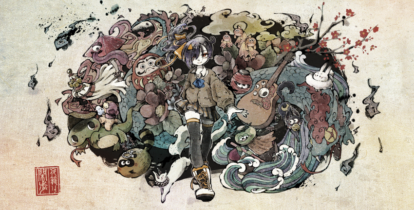 1girl, absurdres, bakeneko, black_thighhighs, brown_sweater, closed_mouth, commentary_request, demon_parade