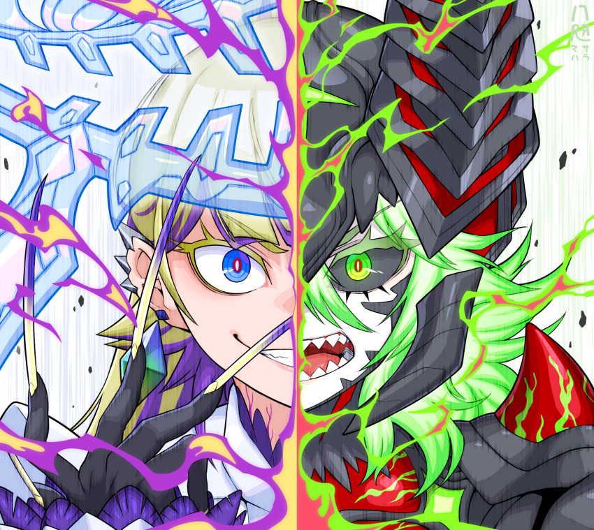 2girls, black_gloves, black_sclera, blue_eyes, colored_sclera, crazy_smile, demon_horns, diabellstar_the_black_witch