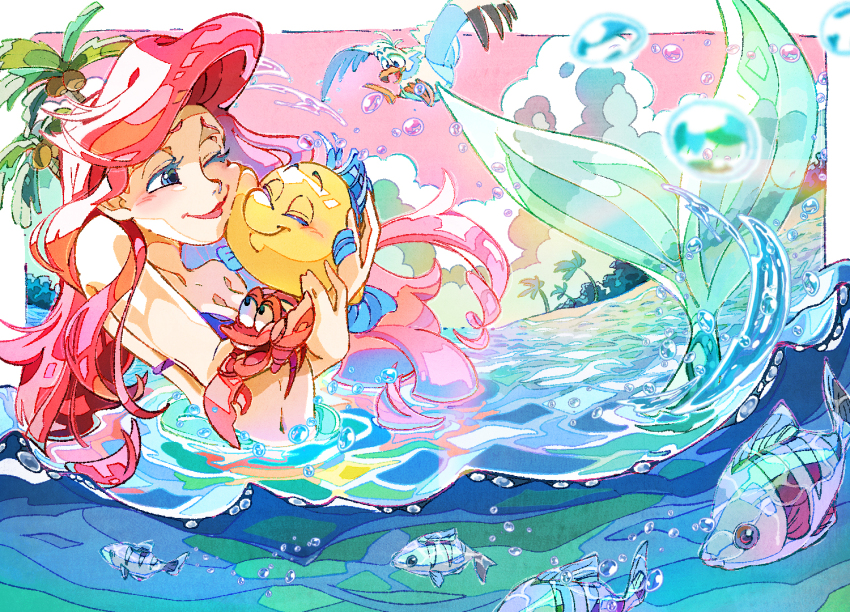 1girl, ariel_(disney), bikini, blush, border, cheek-to-cheek, closed_mouth, coconut
