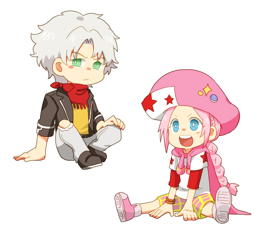 2boys, bandana, black_jacket, blue_eyes, braid, bright_pupils, chibi, chibi_only