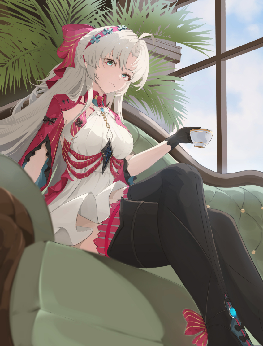 1girl, absurdres, blue_eyes, boots, bow, breasts, carlotta_(wuthering_waves), closed_mouth