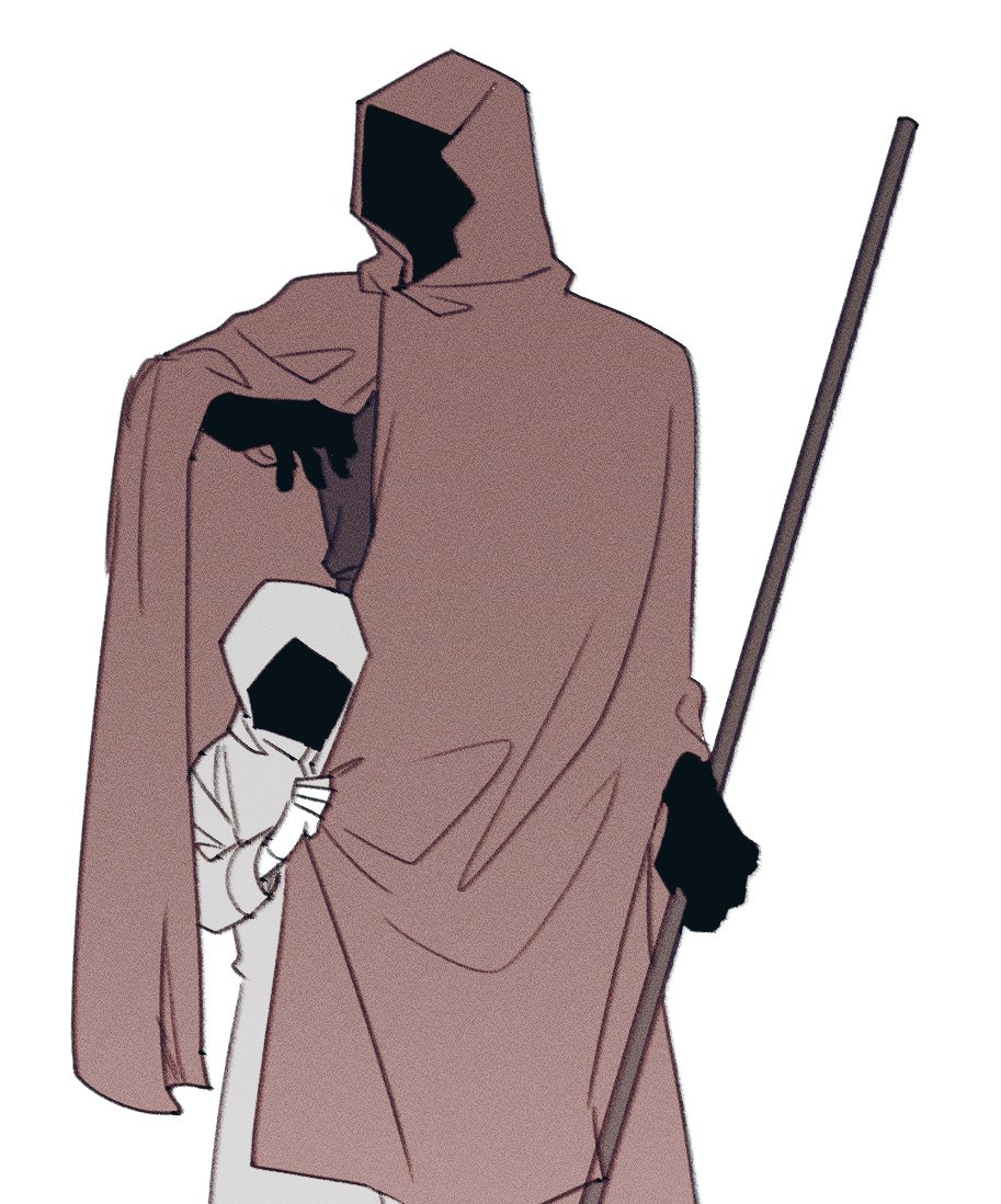 1boy, 1girl, brown_cloak, cloak, commentary_request, cowboy_shot, fa_mayo, hand_up