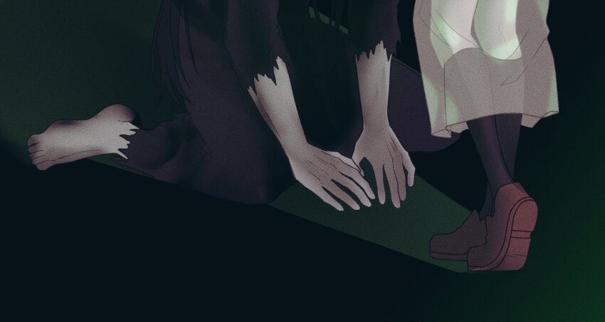 1boy, 1girl, barefoot, black_hair, black_kimono, fa_mayo, green_background, adashino_adami