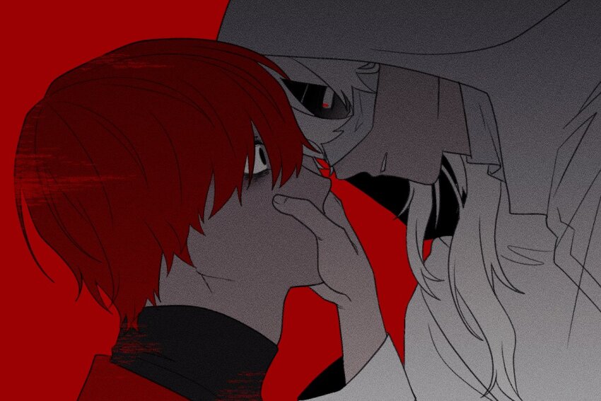 1boy, 1girl, black_eyes, coat, covering_another's_mouth, eye_contact, fa_mayo, grey_hair